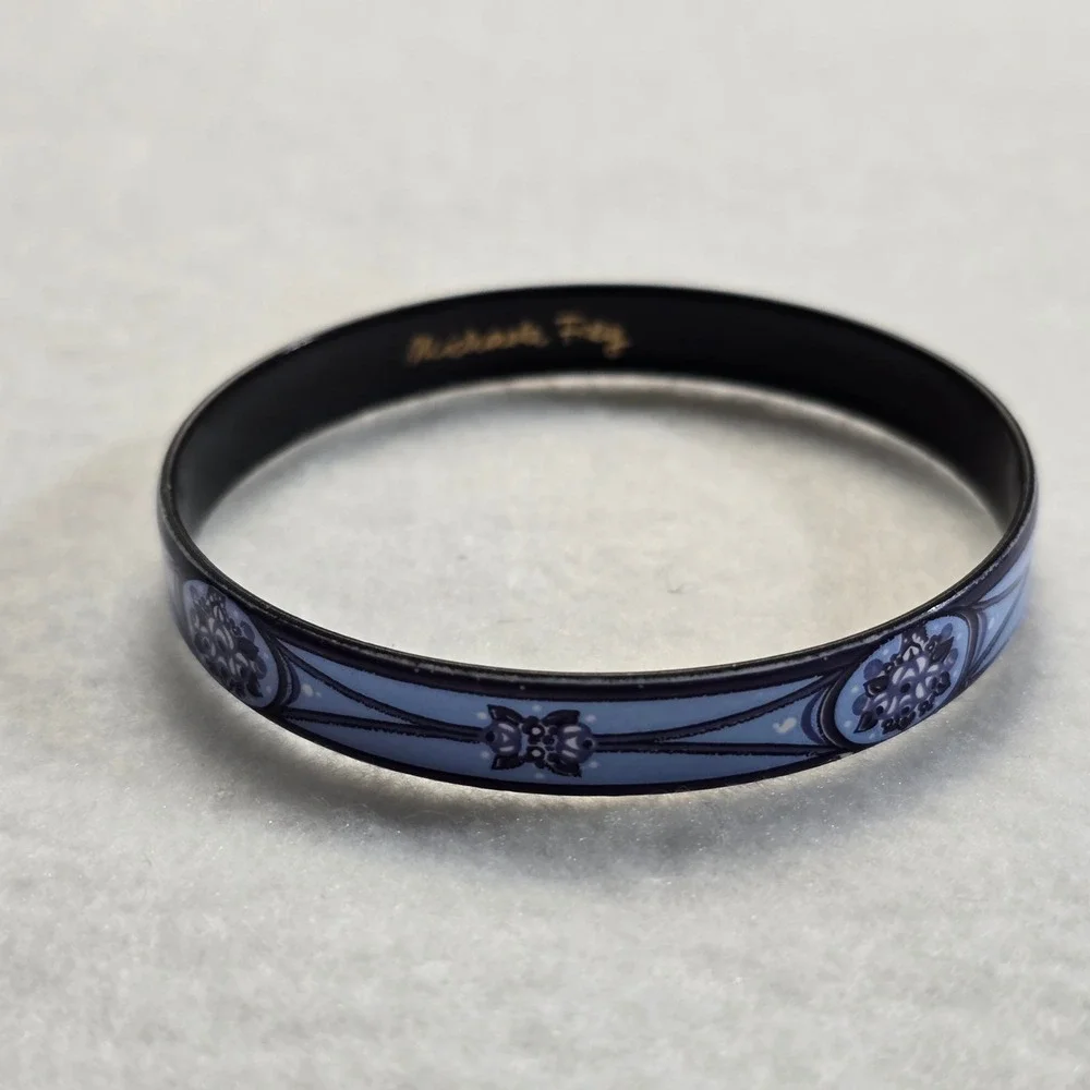 Michaela Frey Vintage Blue Floral Enamel Bangle Bracelet Austria 7.5 Inch